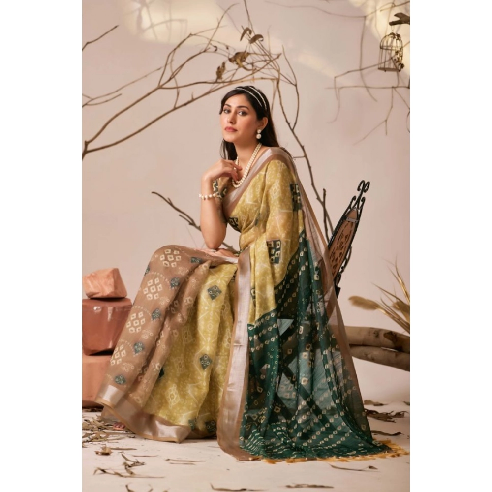 Women's Faux_Linen Printed Saree With Unstitched Blouse 5.5Mtr (Mustard) - Image 3
