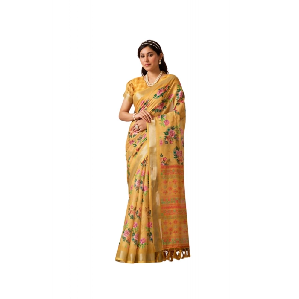 Women's Faux_Linen Printed Saree With Unstitched Blouse 5.5Mtr (Gold)
