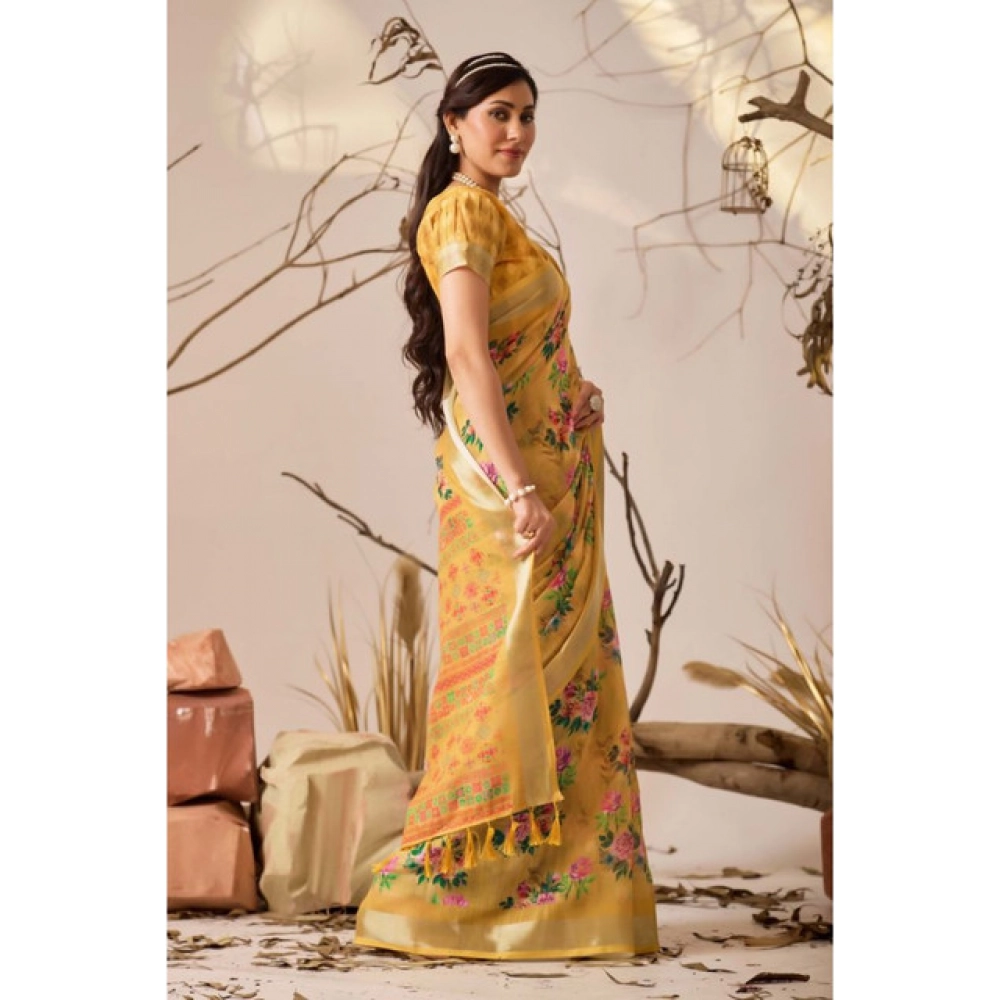 Women's Faux_Linen Printed Saree With Unstitched Blouse 5.5Mtr (Gold) - Image 4