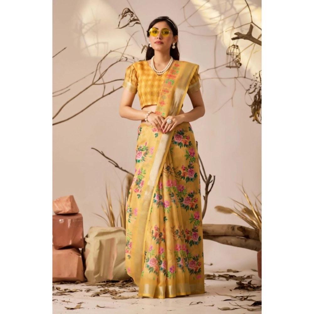 Women's Faux_Linen Printed Saree With Unstitched Blouse 5.5Mtr (Gold) - Image 3