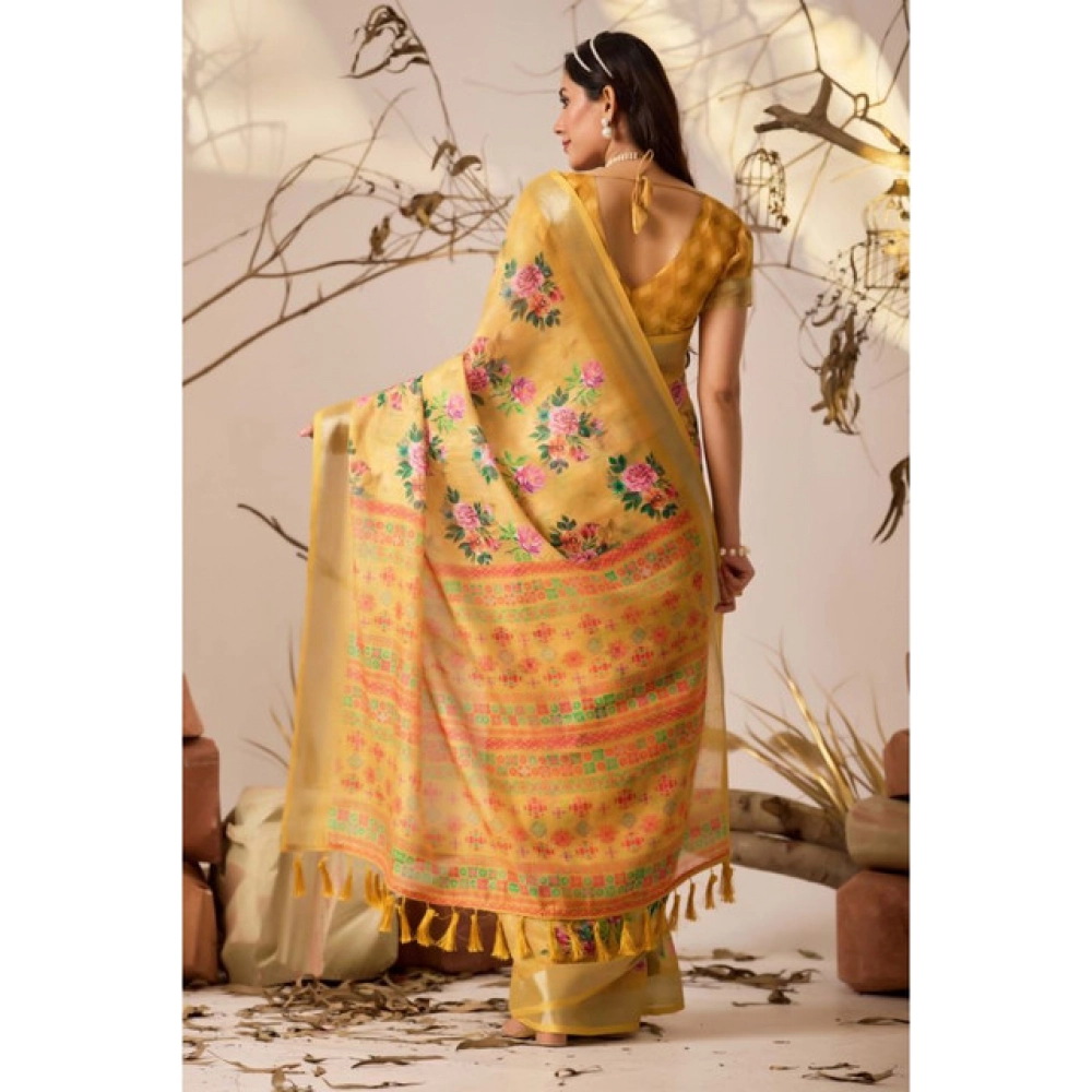 Women's Faux_Linen Printed Saree With Unstitched Blouse 5.5Mtr (Gold) - Image 2