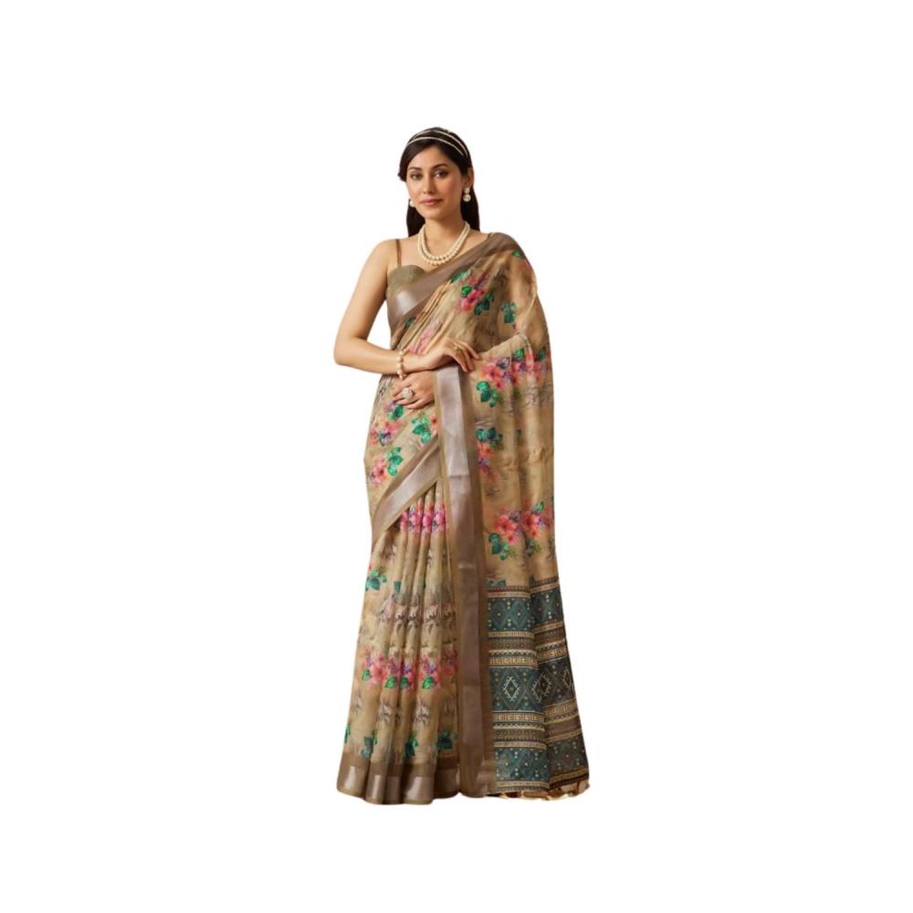 Women's Faux_Linen Printed Saree With Unstitched Blouse 5.5Mtr (Beige)