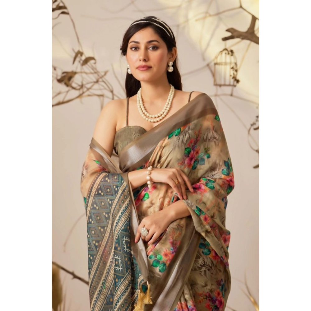 Women's Faux_Linen Printed Saree With Unstitched Blouse 5.5Mtr (Beige) - Image 3