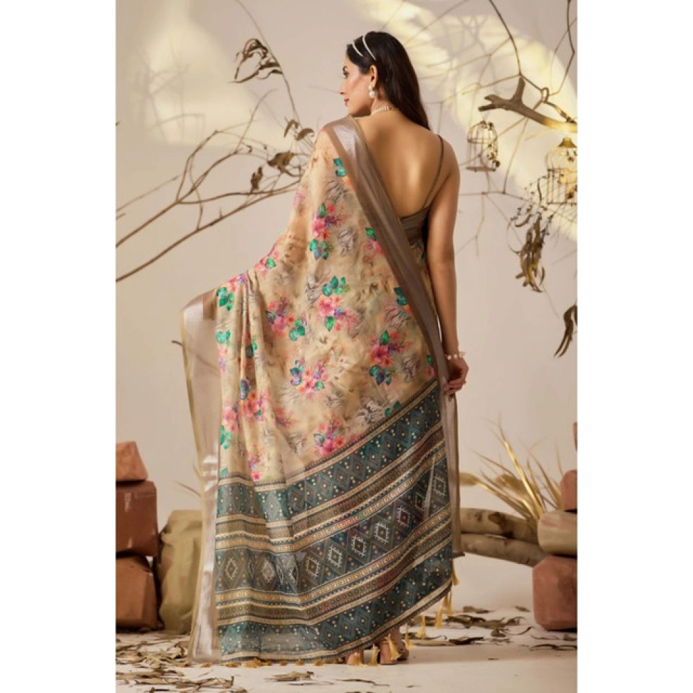 Women's Faux_Linen Printed Saree With Unstitched Blouse 5.5Mtr (Beige) - Image 2
