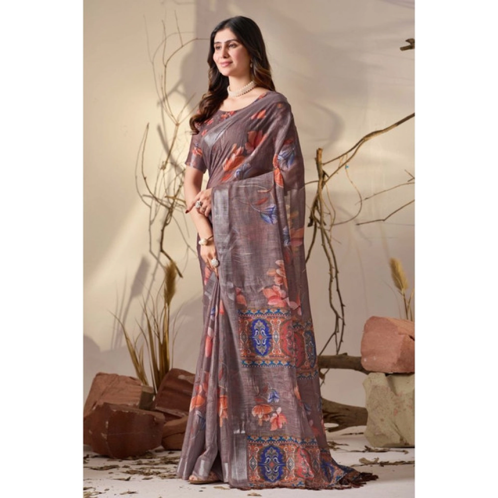 Women's Faux_Linen Printed Saree With Unstitched Blouse 5.5Mtr (Light_Brown) - Image 4
