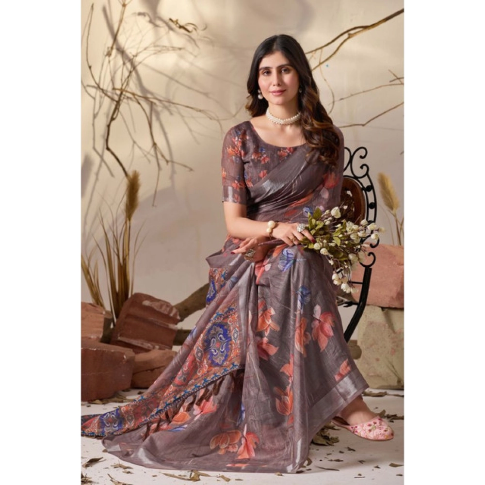 Women's Faux_Linen Printed Saree With Unstitched Blouse 5.5Mtr (Light_Brown) - Image 3