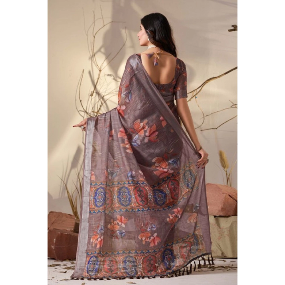 Women's Faux_Linen Printed Saree With Unstitched Blouse 5.5Mtr (Light_Brown) - Image 2
