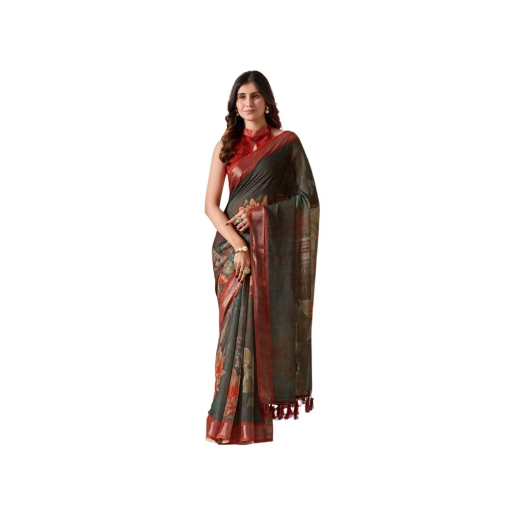 Women's Faux_Linen Printed Saree With Unstitched Blouse 5.5Mtr (Dark_Green)