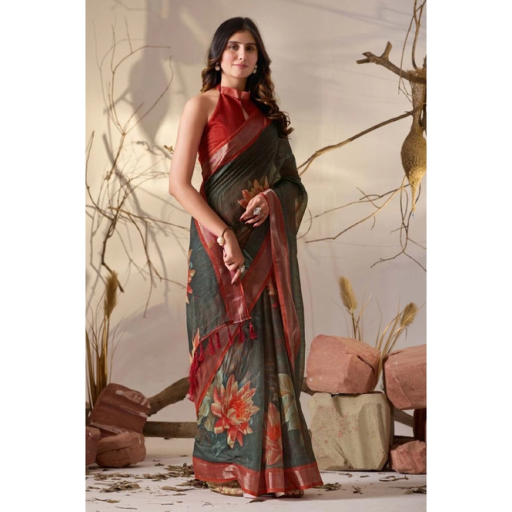 Women's Faux_Linen Printed Saree With Unstitched Blouse 5.5Mtr (Dark_Green) - Image 4