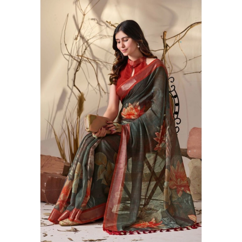 Women's Faux_Linen Printed Saree With Unstitched Blouse 5.5Mtr (Dark_Green) - Image 3