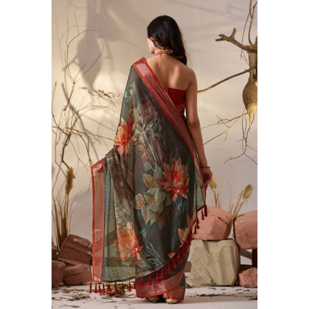 Women's Faux_Linen Printed Saree With Unstitched Blouse 5.5Mtr (Dark_Green) - Image 2