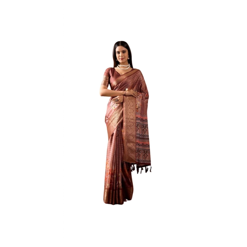 Women's Faux_Silk Printed Saree With Unstitched Blouse 5.5Mtr (Brown)