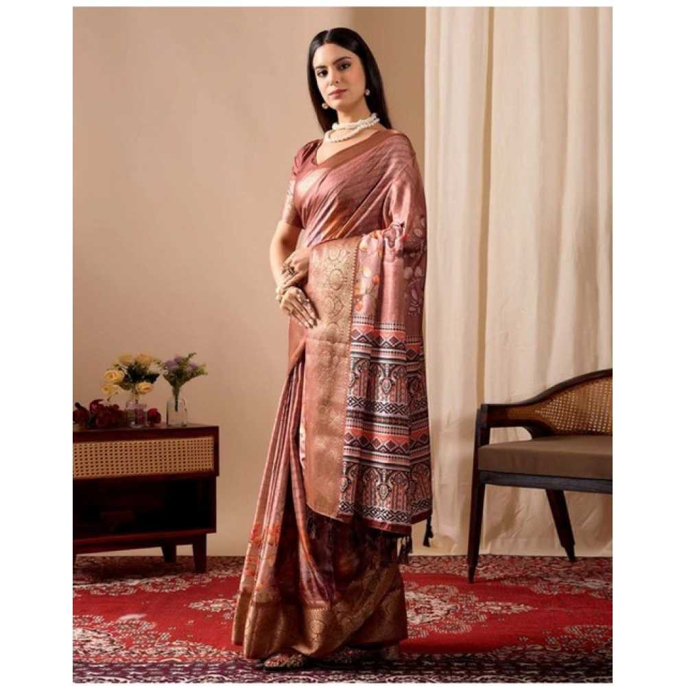 Women's Faux_Silk Printed Saree With Unstitched Blouse 5.5Mtr (Brown) - Image 4