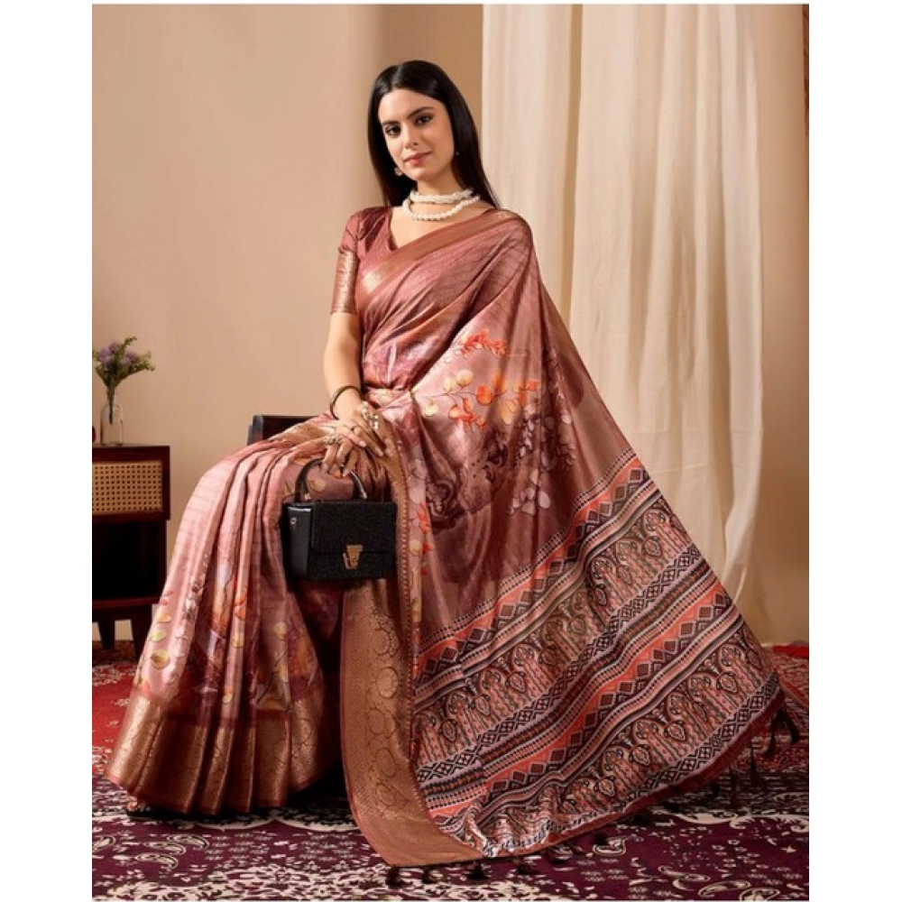 Women's Faux_Silk Printed Saree With Unstitched Blouse 5.5Mtr (Brown) - Image 3