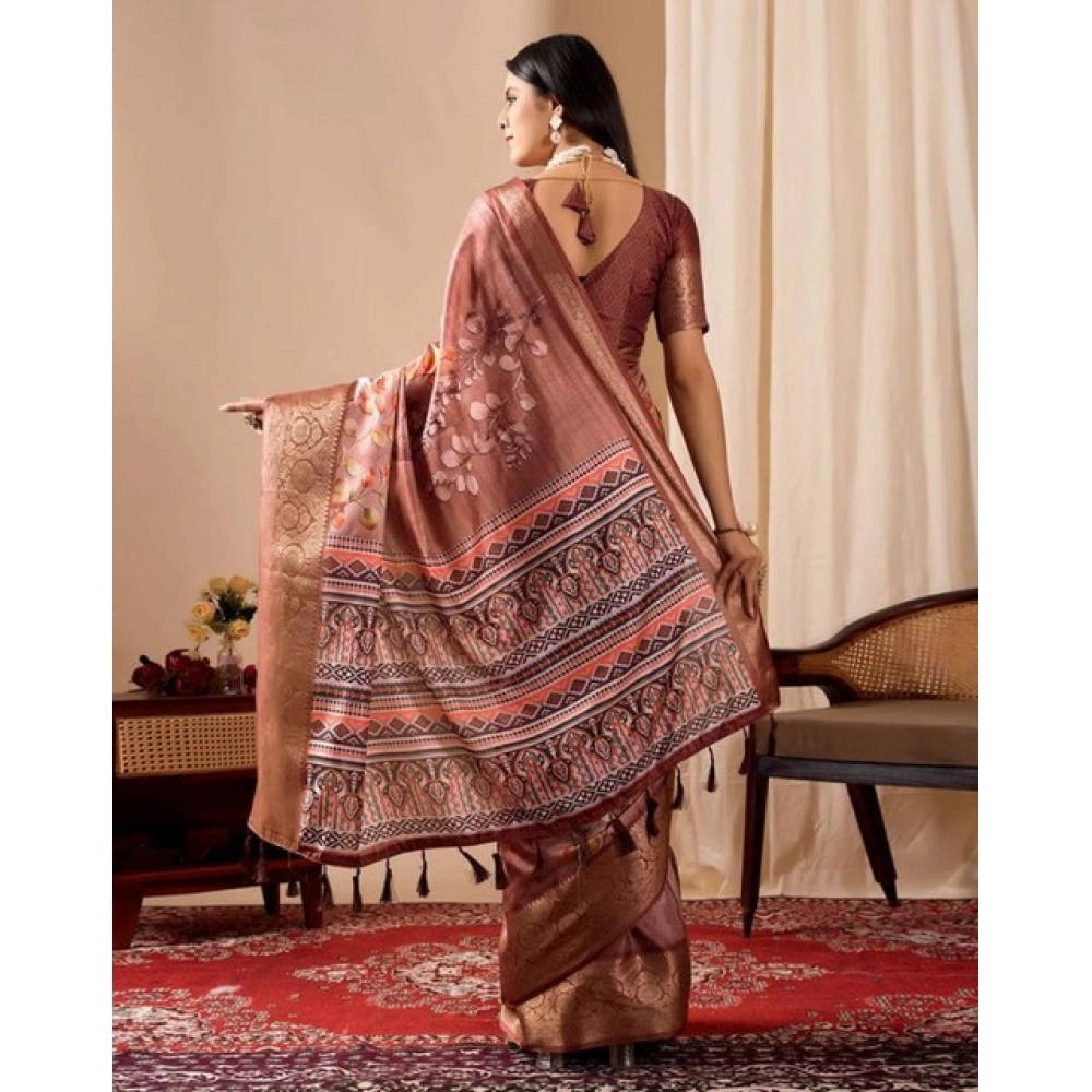 Women's Faux_Silk Printed Saree With Unstitched Blouse 5.5Mtr (Brown) - Image 2