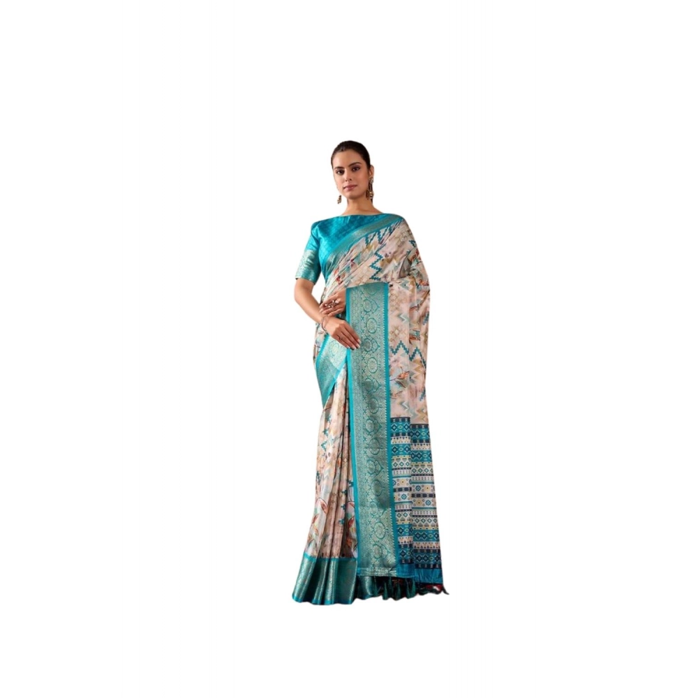 Women's Faux_Silk Printed Saree With Unstitched Blouse 5.5Mtr (Beige)