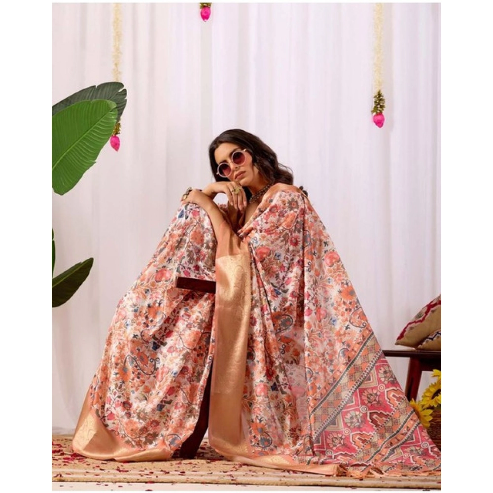 Women's Faux_Silk Printed Saree With Unstitched Blouse 5.5Mtr (Peach) - Image 3