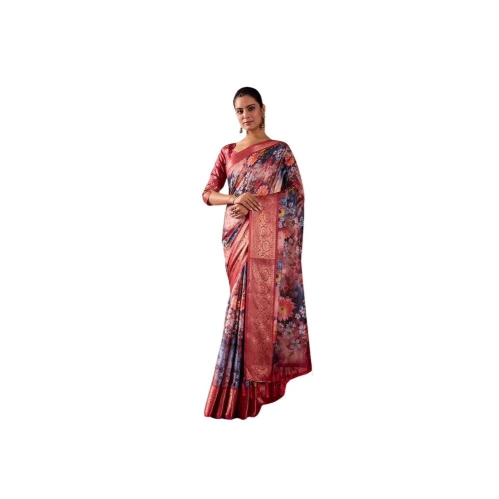 Women's Faux_Silk Printed Saree With Unstitched Blouse 5.5Mtr (Maroon)