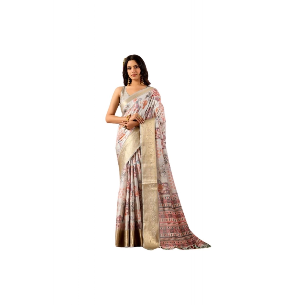 Women's Faux_Silk Printed Saree With Unstitched Blouse 5.5Mtr (Grey)