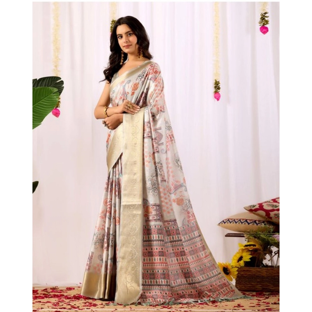 Women's Faux_Silk Printed Saree With Unstitched Blouse 5.5Mtr (Grey) - Image 4