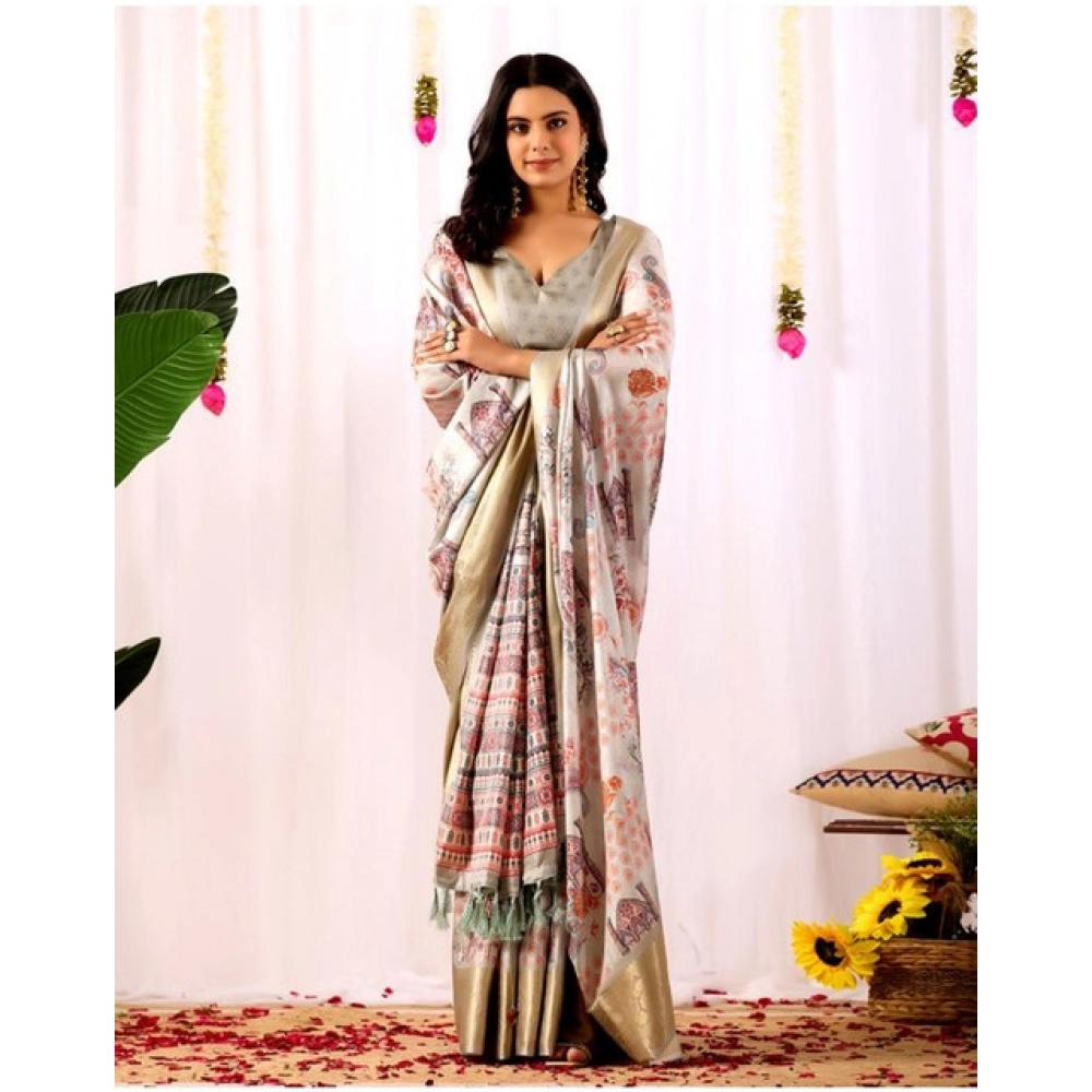 Women's Faux_Silk Printed Saree With Unstitched Blouse 5.5Mtr (Grey) - Image 3