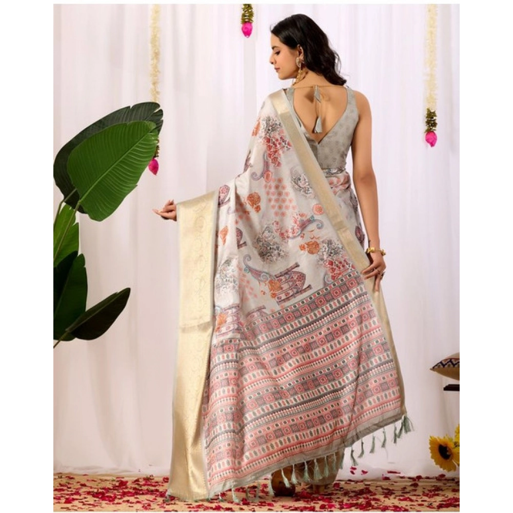 Women's Faux_Silk Printed Saree With Unstitched Blouse 5.5Mtr (Grey) - Image 2