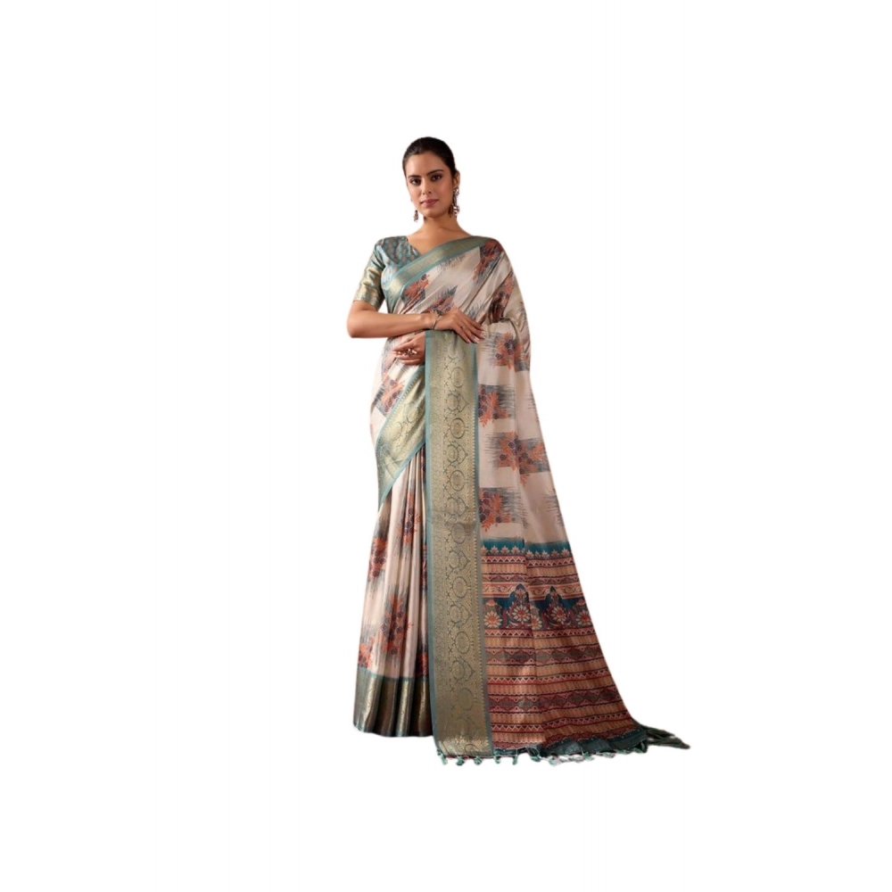 Women's Faux_Silk_Blend Printed Saree With Unstitched Blouse 5.5Mtr (Beige)