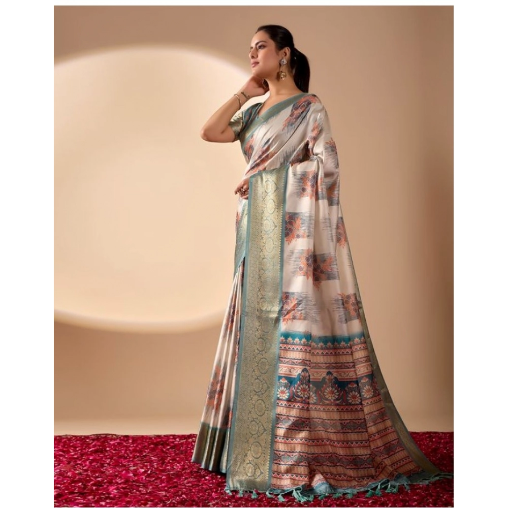 Women's Faux_Silk_Blend Printed Saree With Unstitched Blouse 5.5Mtr (Beige) - Image 4