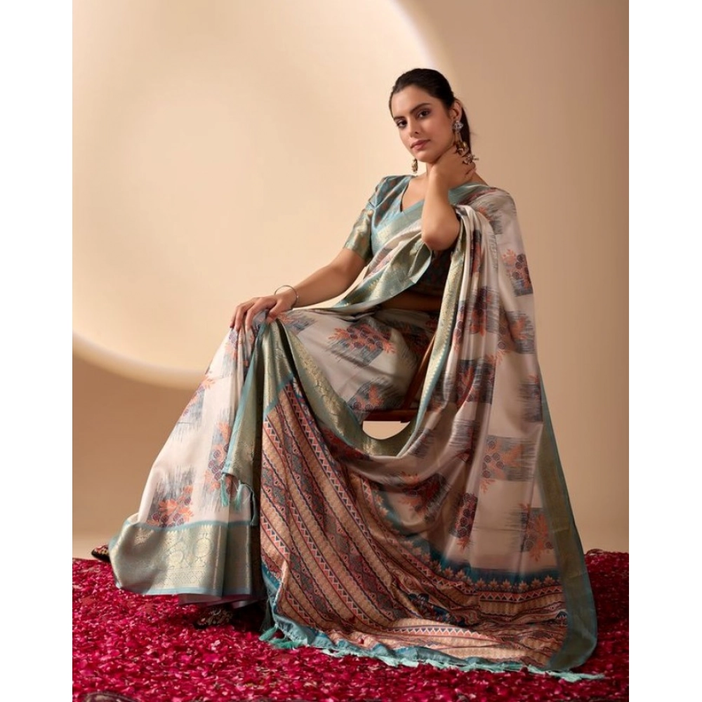Women's Faux_Silk_Blend Printed Saree With Unstitched Blouse 5.5Mtr (Beige) - Image 3