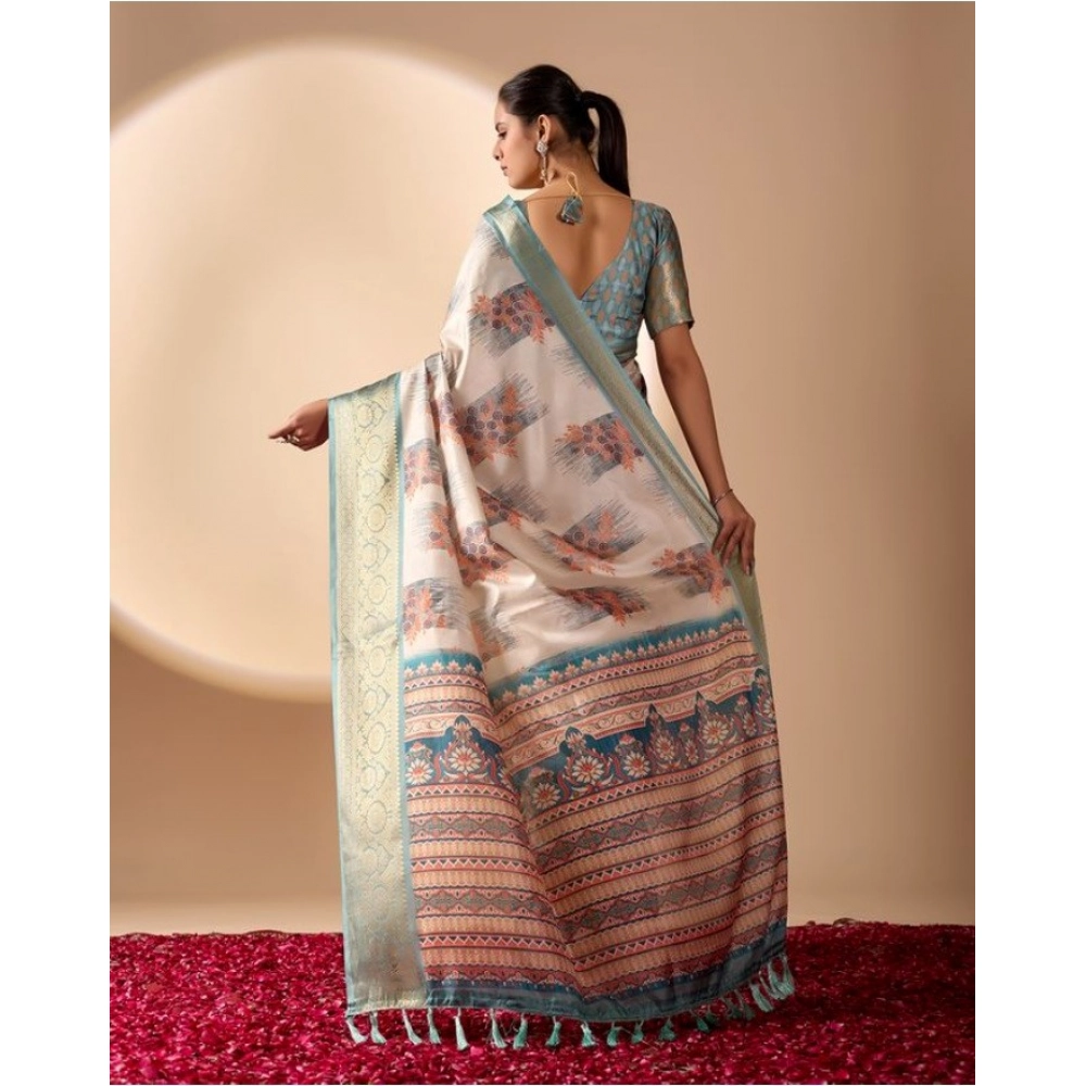 Women's Faux_Silk_Blend Printed Saree With Unstitched Blouse 5.5Mtr (Beige) - Image 2