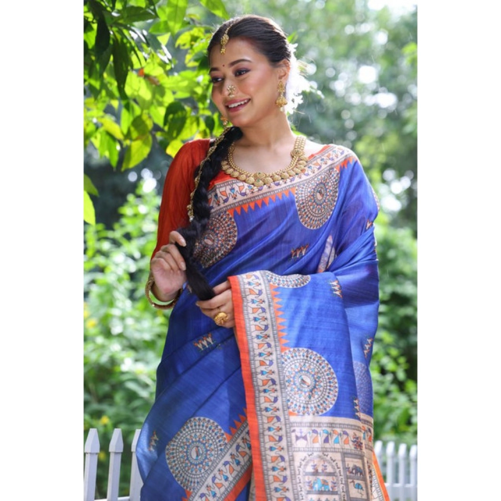Women's Faux_Tussar_Silk Printed Saree With Unstitched Blouse 5.5Mtr (Navy_Blue) - Image 3