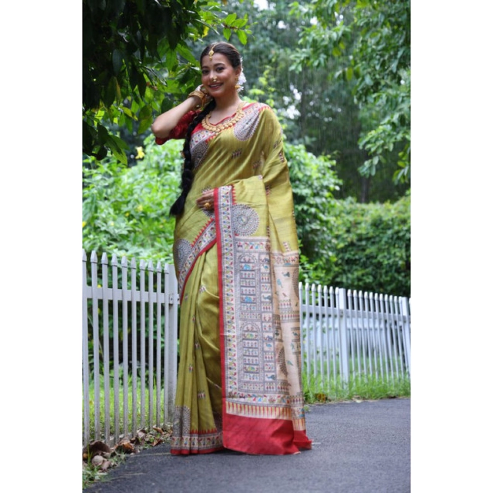 Women's Faux_Tussar_Silk Printed Saree With Unstitched Blouse 5.5Mtr (Mustard) - Image 2