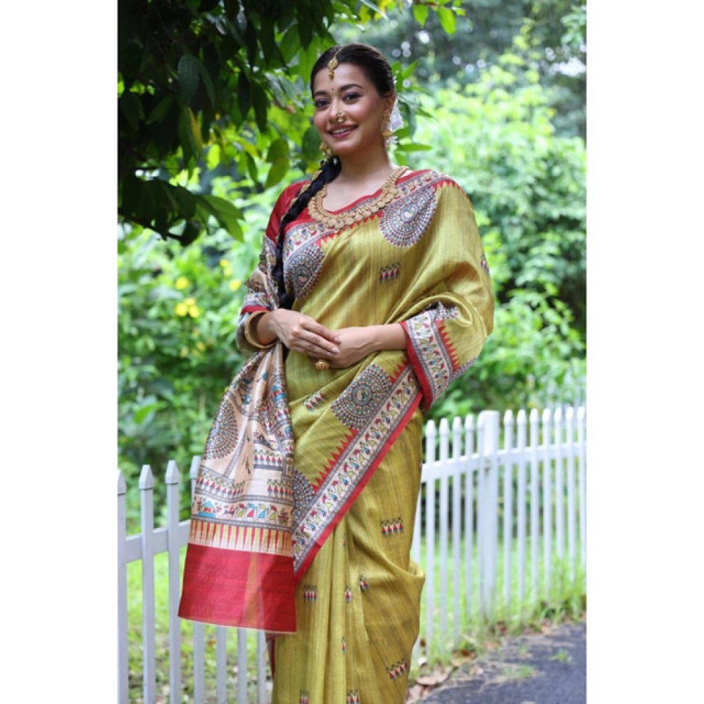Women's Faux_Tussar_Silk Printed Saree With Unstitched Blouse 5.5Mtr (Mustard) - Image 3