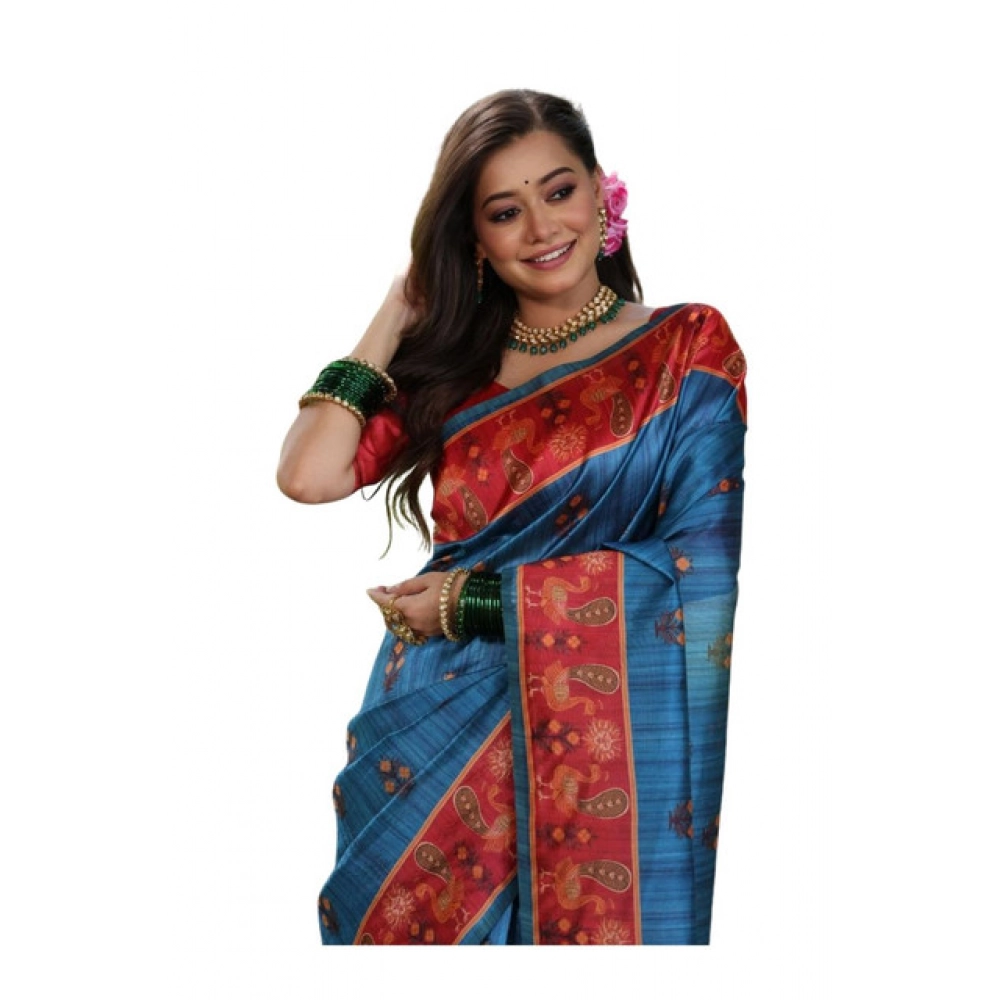 Women's Faux_Tussar_Silk Printed Saree With Unstitched Blouse 5.5Mtr (Blue)