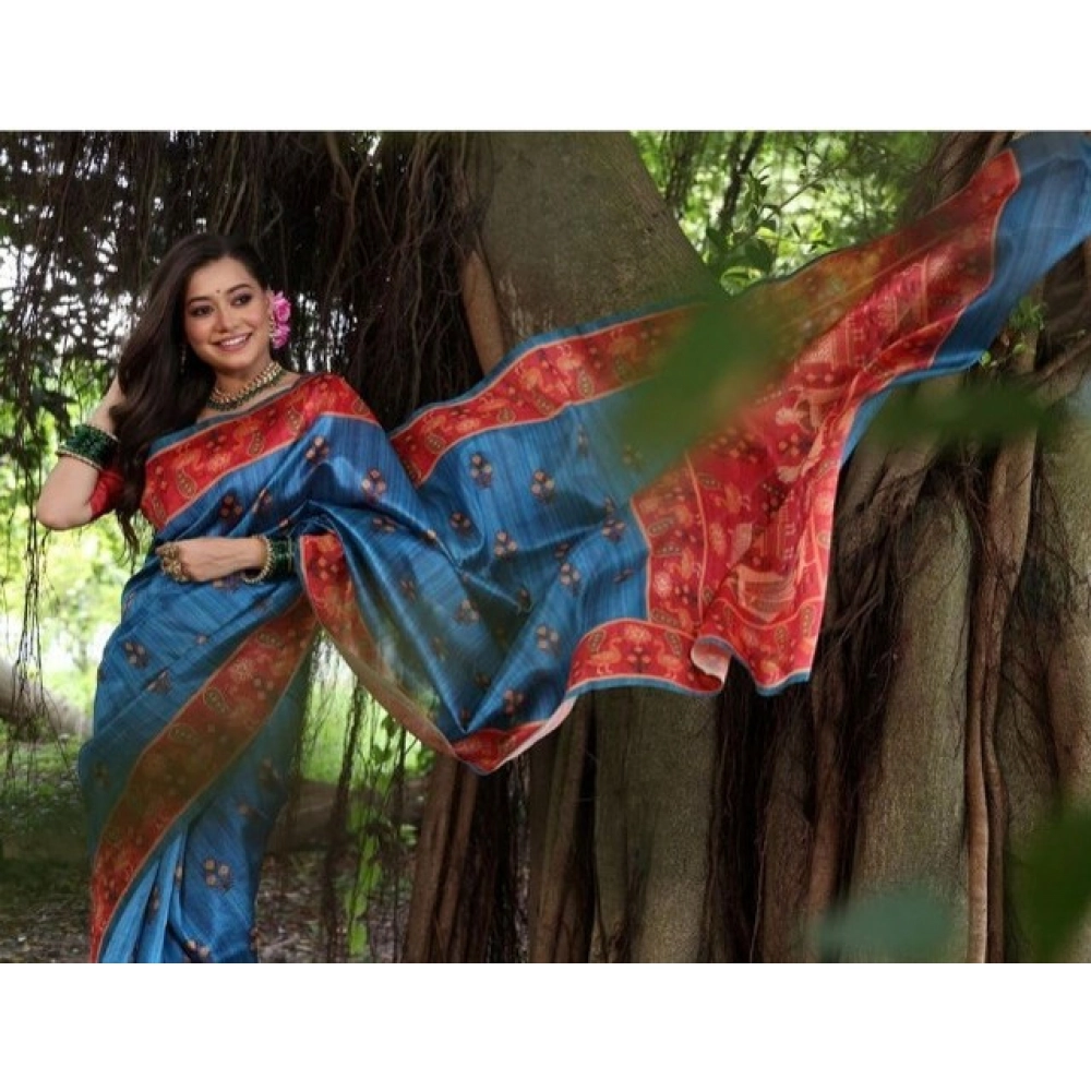 Women's Faux_Tussar_Silk Printed Saree With Unstitched Blouse 5.5Mtr (Blue) - Image 2