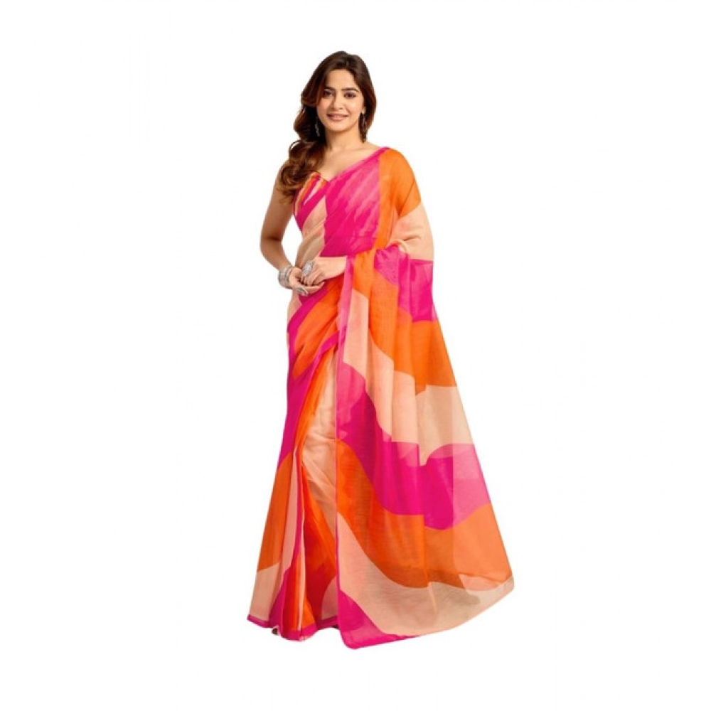 Women's Linen Cotton Printed Ready To Wear Saree With Unstitched Blouse 5.5 Mtr (Multicolor)