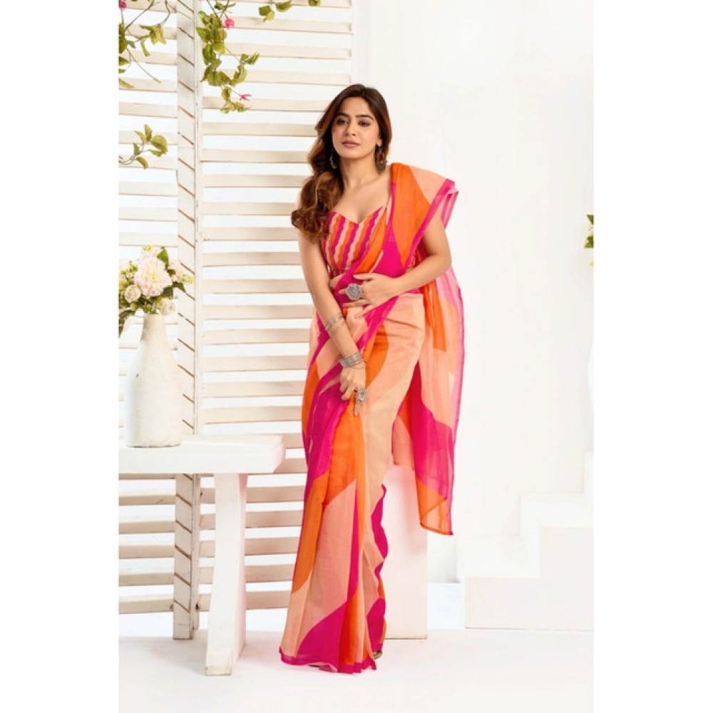 Women's Linen Cotton Printed Ready To Wear Saree With Unstitched Blouse 5.5 Mtr (Multicolor) - Image 3