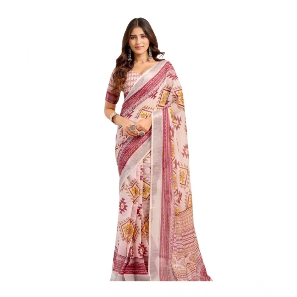Women's Linen Cotton Printed Ready To Wear Saree With Unstitched Blouse 5.5 Mtr (Maroon)