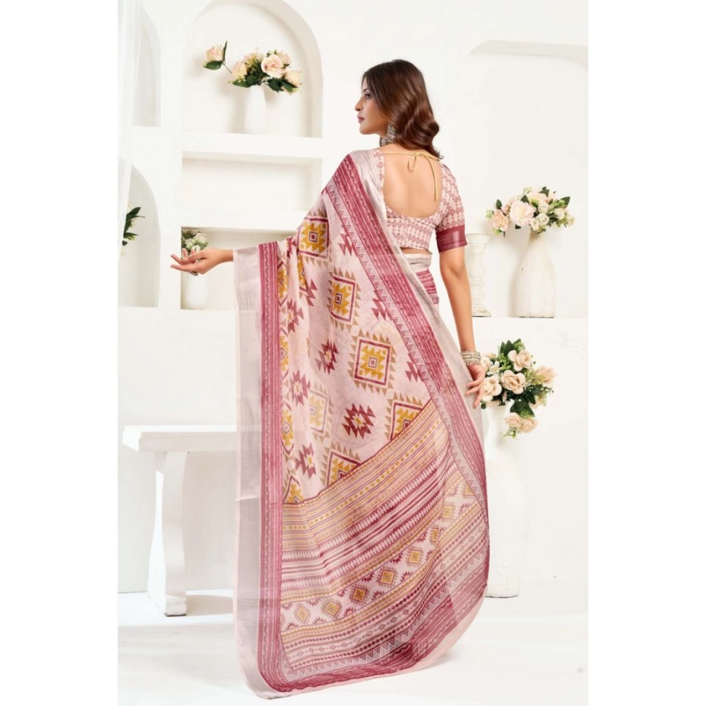Women's Linen Cotton Printed Ready To Wear Saree With Unstitched Blouse 5.5 Mtr (Maroon) - Image 4