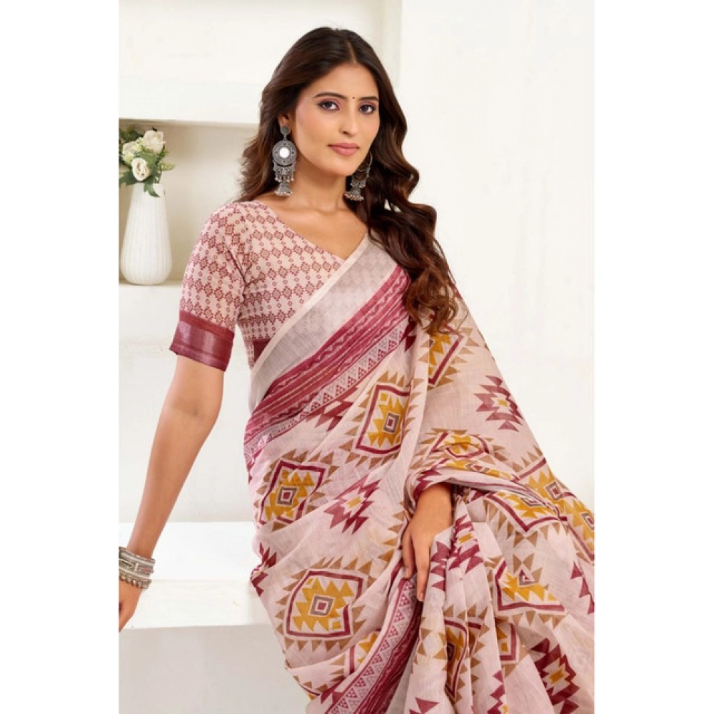 Women's Linen Cotton Printed Ready To Wear Saree With Unstitched Blouse 5.5 Mtr (Maroon) - Image 3