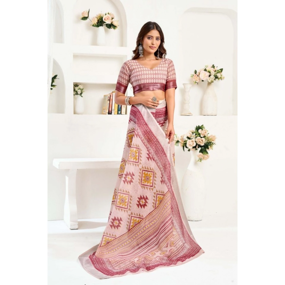 Women's Linen Cotton Printed Ready To Wear Saree With Unstitched Blouse 5.5 Mtr (Maroon) - Image 2