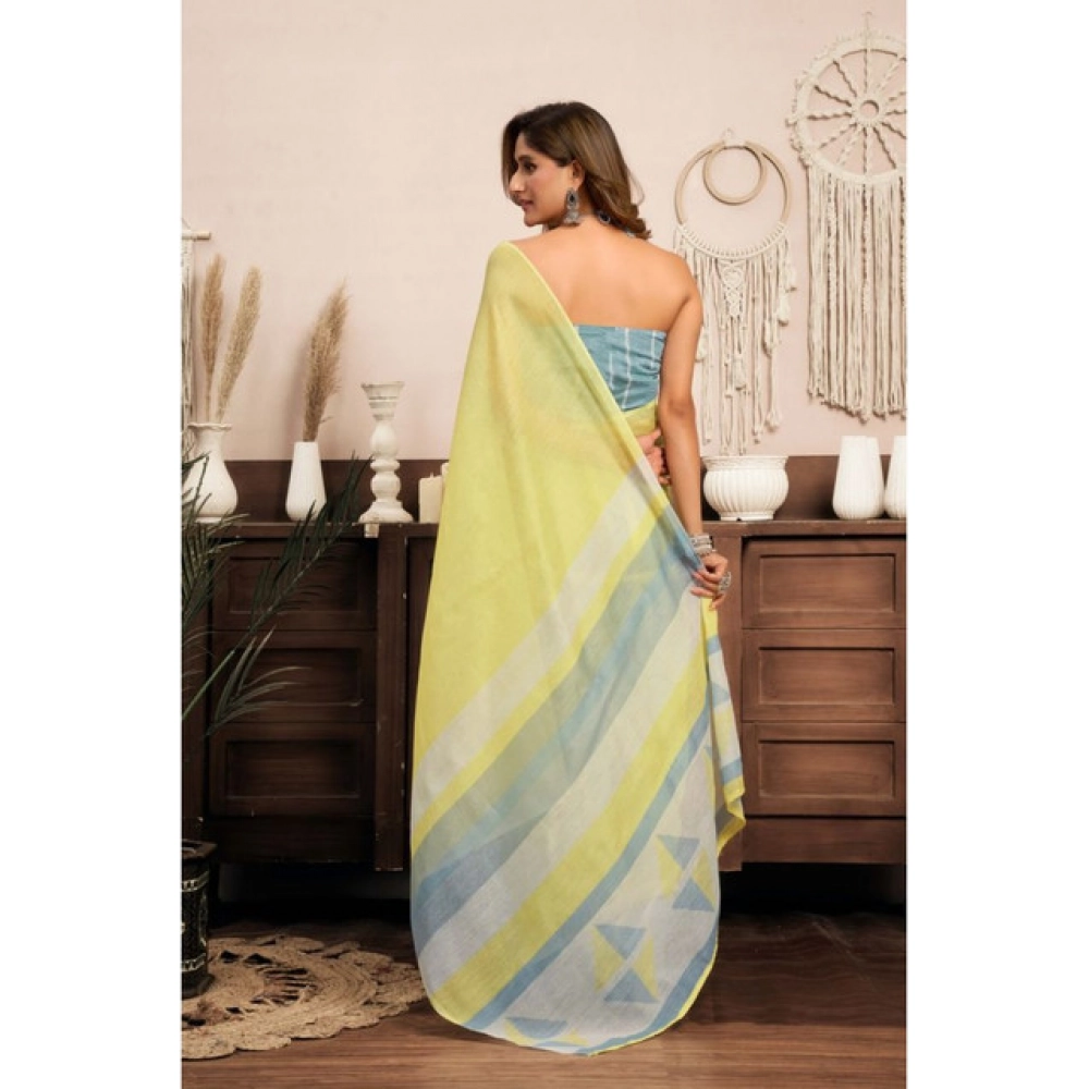Women's Linen Cotton Printed Ready To Wear With Pocket Saree With Unstitched Blouse 5.5 Mtr (Light_Yellow) - Image 4