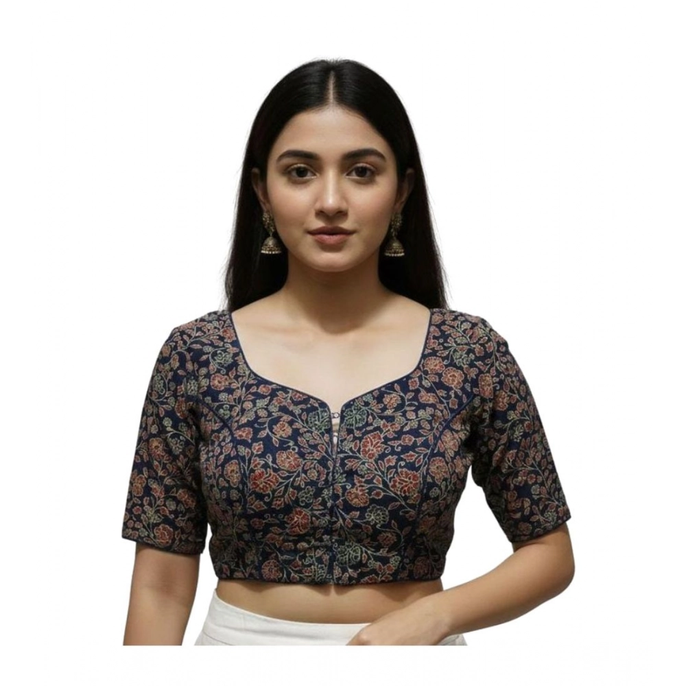 Women's Ajrakh Cotton Round Neck Padded Blouse (Navy, 38 Ready Size (Self-Alterable 36–40)