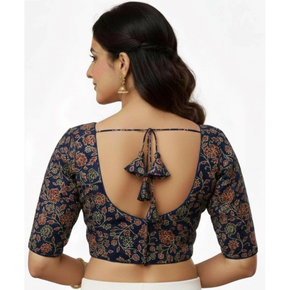 Women's Ajrakh Cotton Round Neck Padded Blouse (Navy, 38 Ready Size (Self-Alterable 36–40) - Image 2