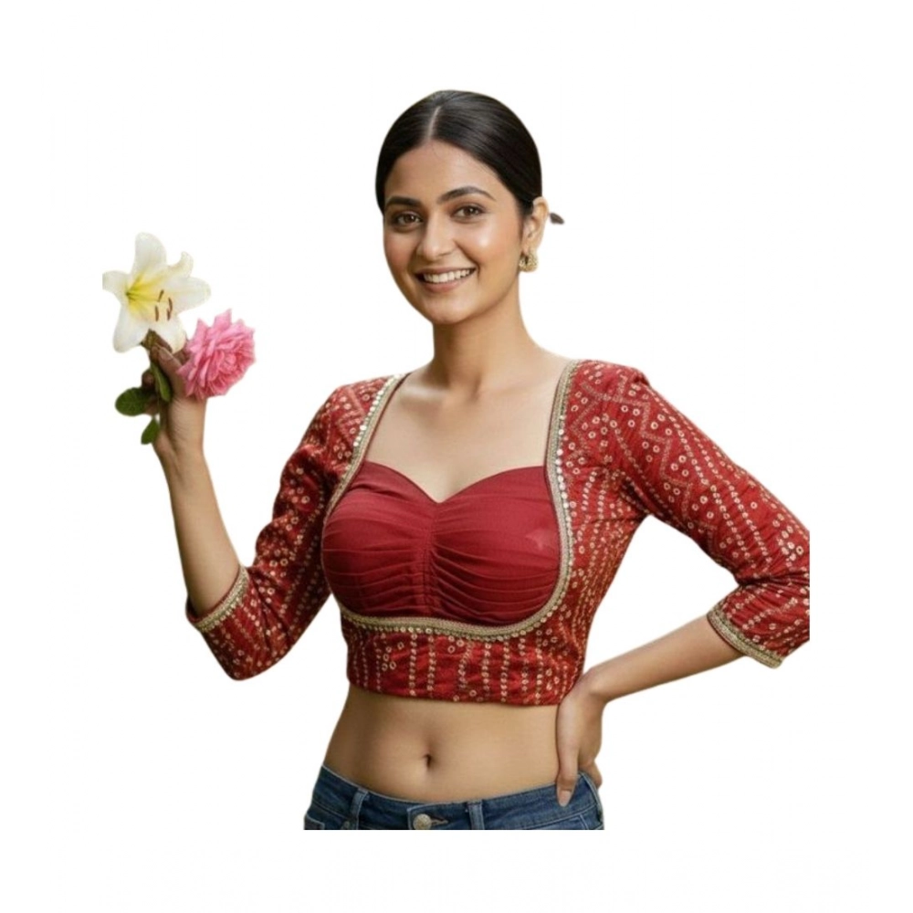 Women's Rayon Sabyasachi Style Round Neck Padded Blouse (Maroon, 38 Ready Size (Self-Alterable 36–40)