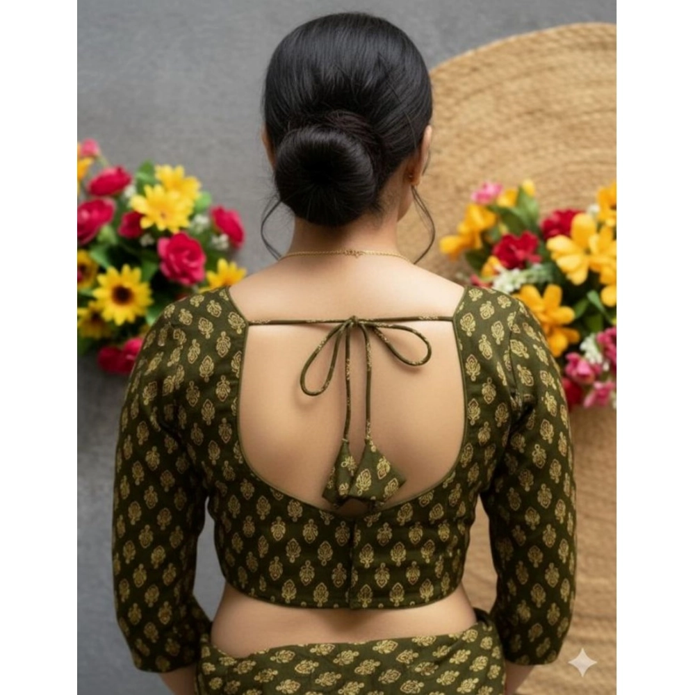 Women's Ajrakh Cotton Halter Neck Padded Blouse (Olive, 38 Ready Size (Self-Alterable 36–40) - Image 2