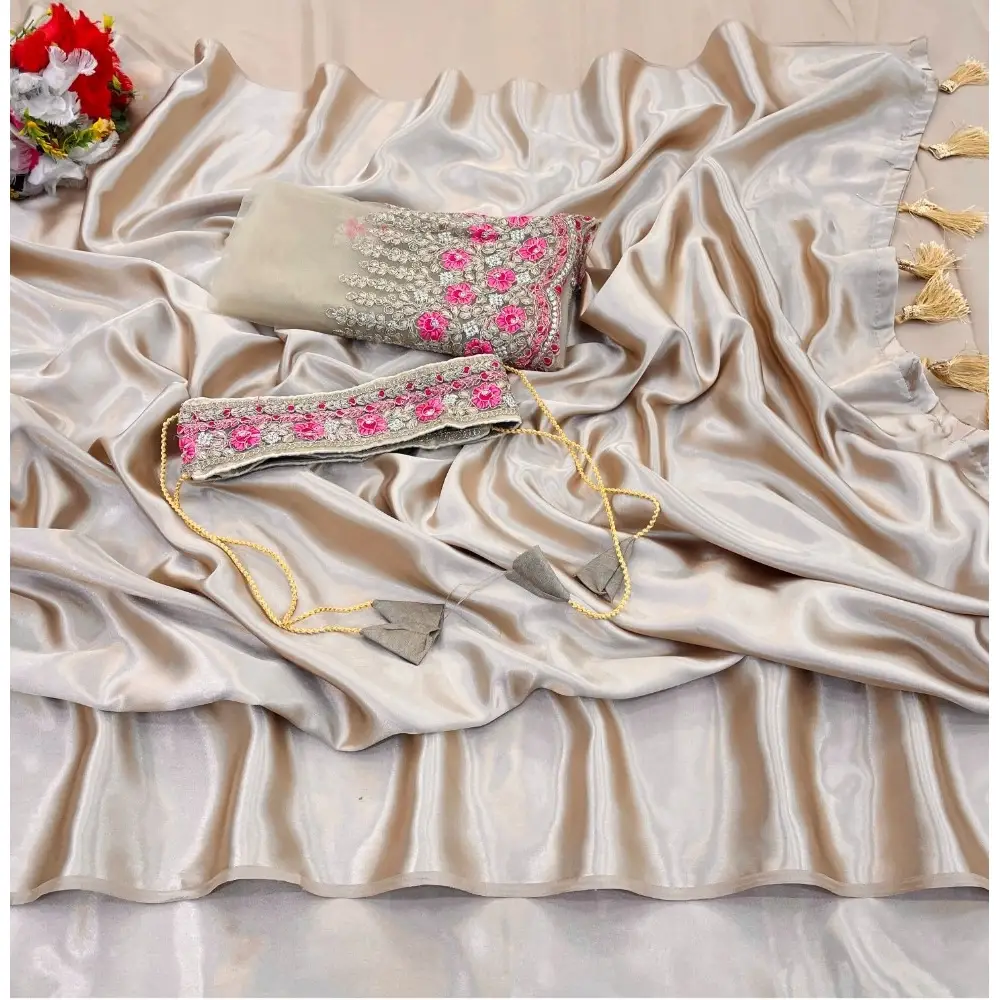 Women's Satin Solid Saree With Unstitched Blouse (Beige, 5-5 Mtrs)