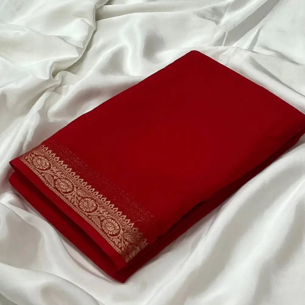 Women's Crepe Chit Pallu Solid Saree With Unstitched Blouse 5.5Mtr (Red)