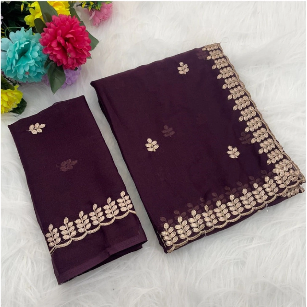 Women's Georgette Embroidered Saree With Unstitched Blouse 5.5Mtr (Wine)