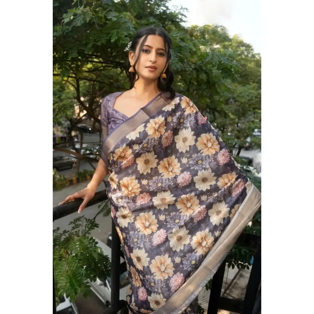 Women's Polyester Printed Saree With Unstitched Blouse 5.5 Mtr (Purple)